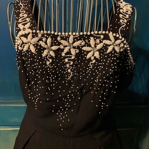 1940s Small/Med Navy Blue Hand Beaded Sleeveless Dress